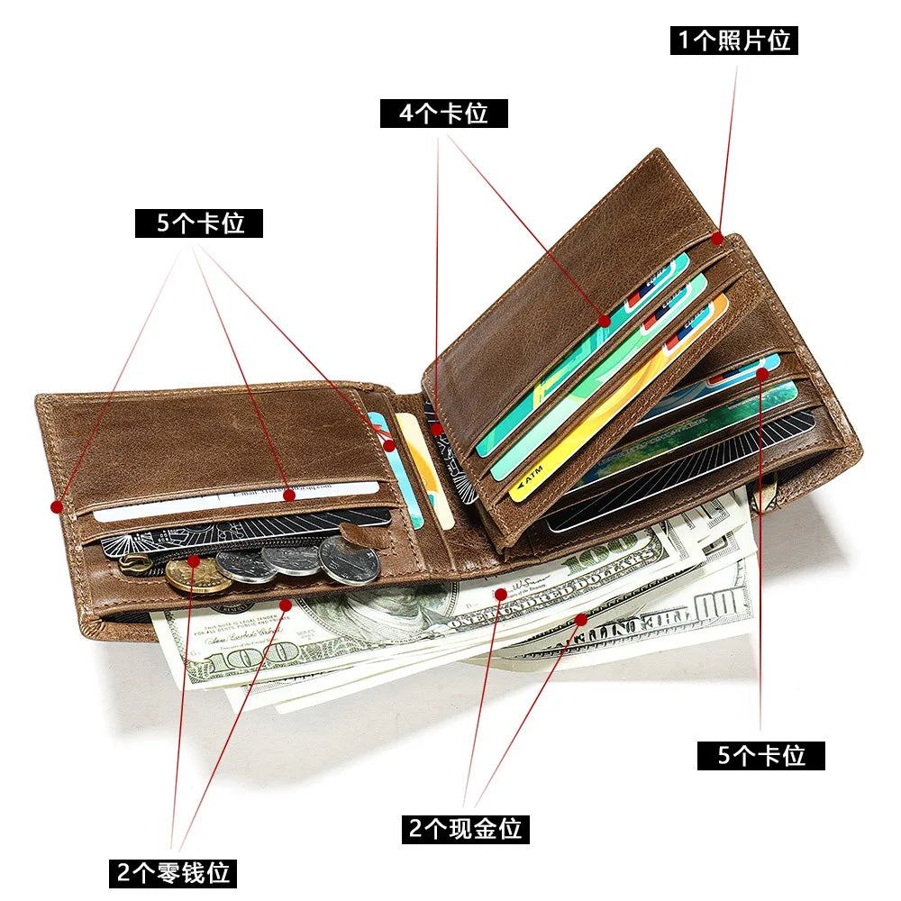 RFID Blocking Genuine Leather Men Wallet Short Bifold Multi Card Slots Cowhide Money Clip