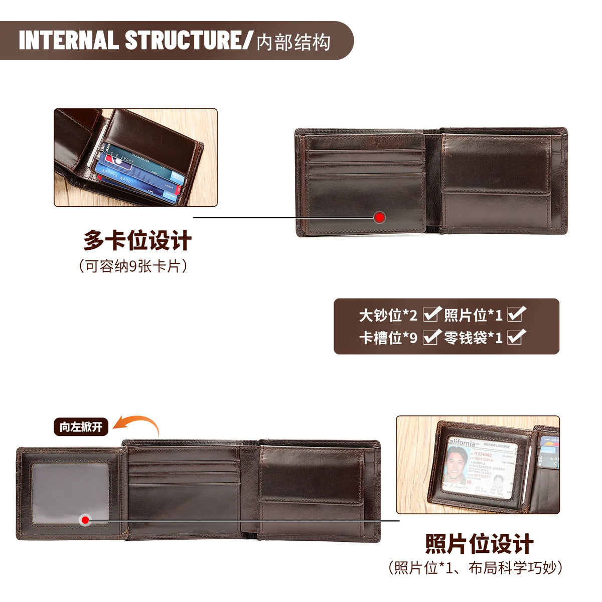 Genuine Leather Wallet for Men Premium Cowhide Retro Money Clip Slim Bifold