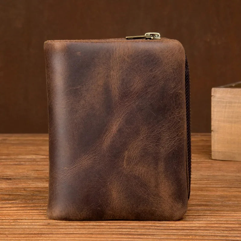 Handmade crazy horse leather wallet retro vertical zipper wallet first layer cowhide simple old wallet man