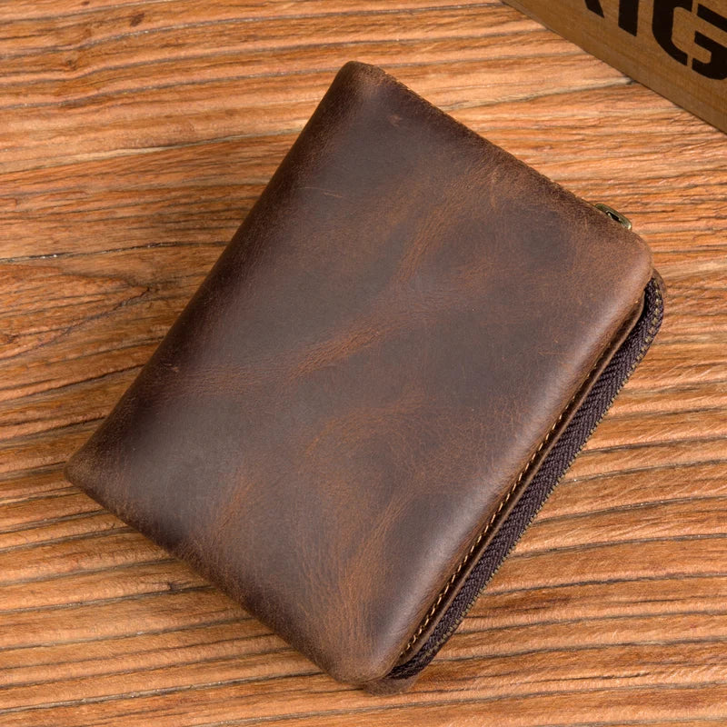 Handmade crazy horse leather wallet retro vertical zipper wallet first layer cowhide simple old wallet man