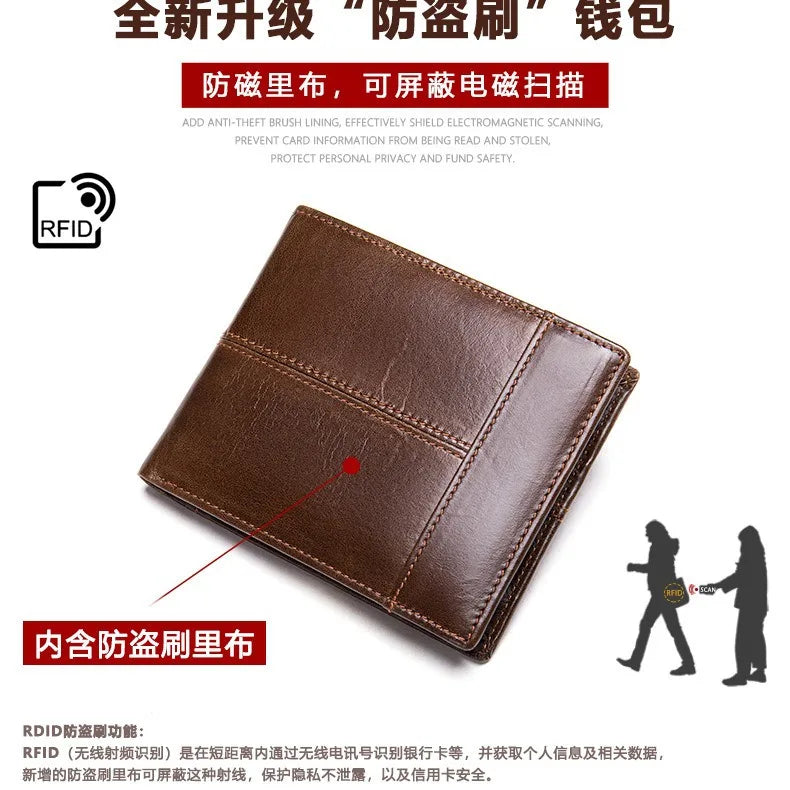 RFID Blocking Genuine Leather Men Wallet Short Bifold Multi Card Slots Cowhide Money Clip