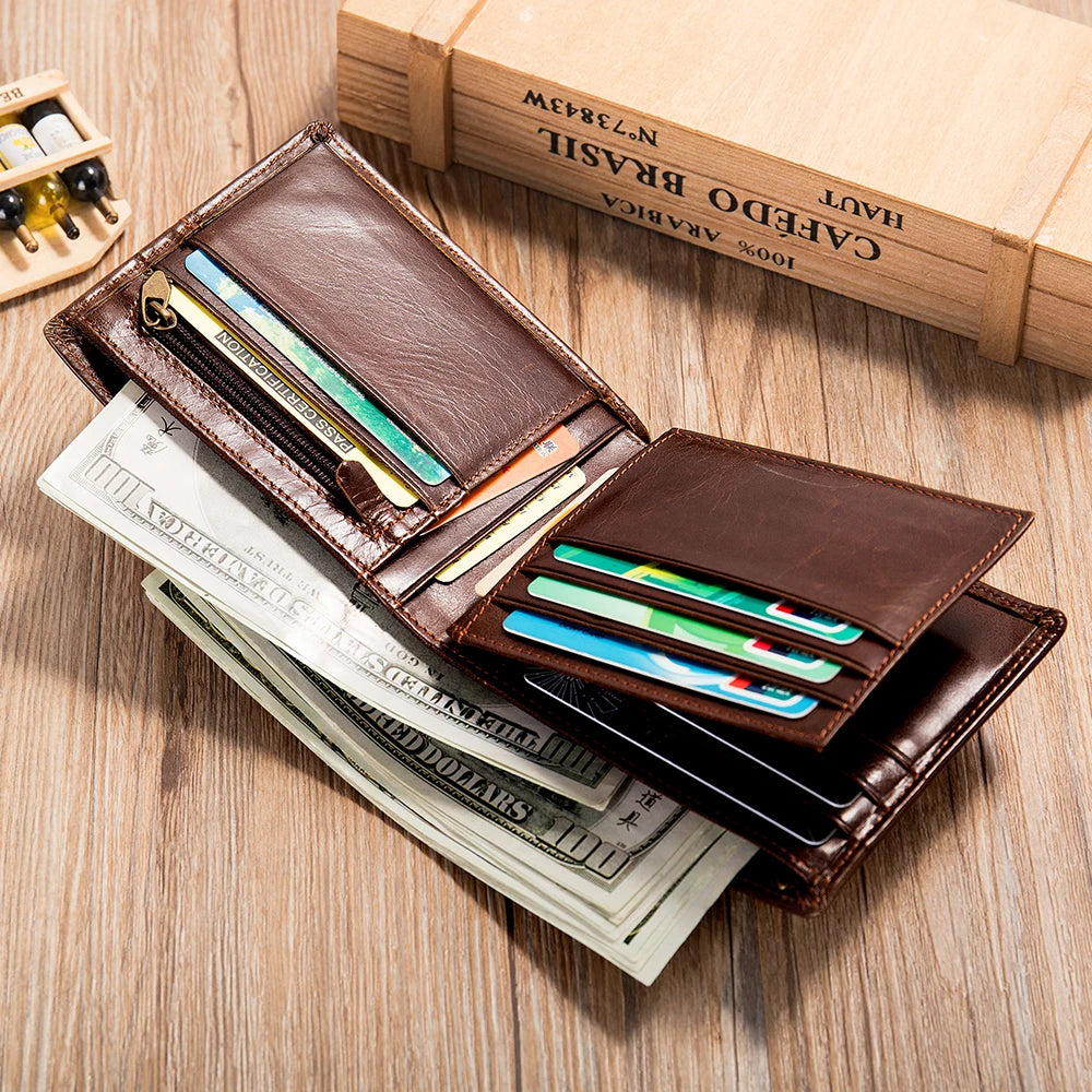 RFID Blocking Genuine Leather Men Wallet Short Bifold Multi Card Slots Cowhide Money Clip